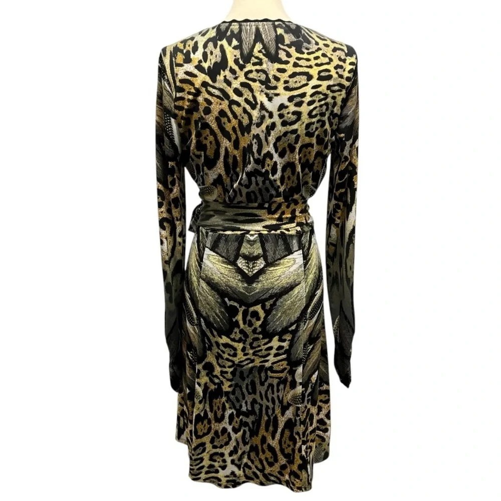 Hale Bob Animal Print Long Sleeve Faux Wrap Dress Women’s Medium - Picture 8 of 12